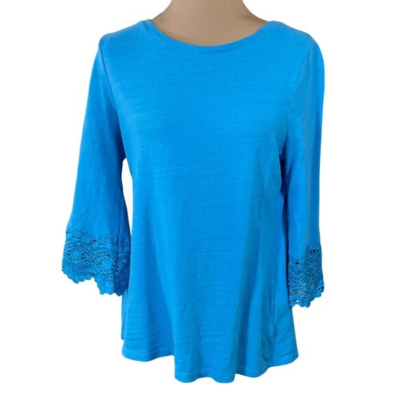 Charter Club Lace Trim Top Pullover Blue Size M Medium Crew Neck Cotton - Picture 1 of 7